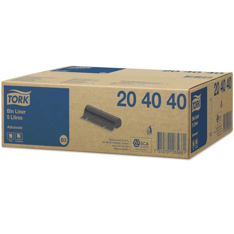 1 carton de 20 rlx à 50 sacs poubelle 5 l Tork, noir 330x400mm