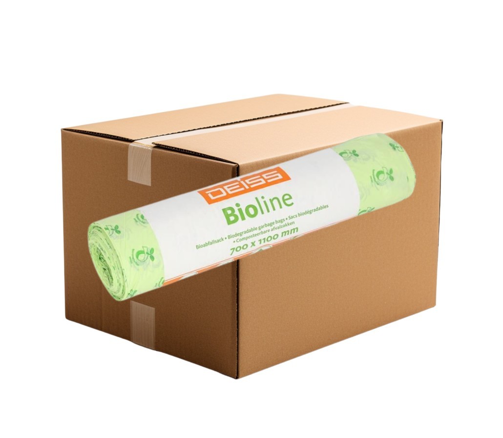 1 Carton de 25Rlx; Sac Biodégradable 70x110 cm; 1rlx = 10 pièces; 25my; 120Litre; Vert