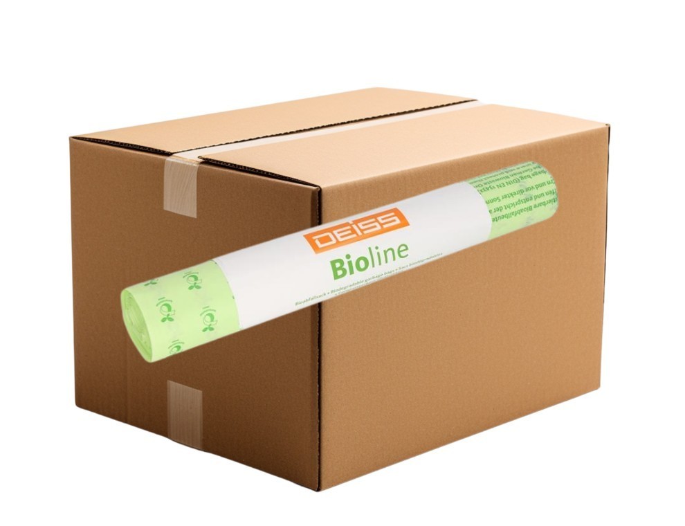 1 Carton de 20Rlx; Sac Biodégradable 650+550x1350mm; 1rlx = 5 pièces; 25my; 240Litre; Vert